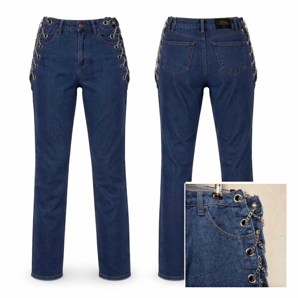 Denim Blvd Chain Lace Up Jeans JUNIORS Sz 5 Y2K Grunge Punk Streetwear Festival